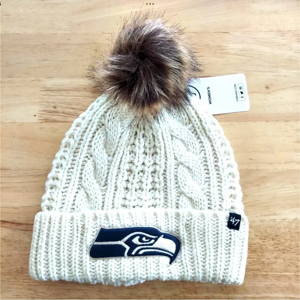 Seattle Seahawks Womens Hat '47 Meeko Cable Knit Faux Fur Pom Embroidered New